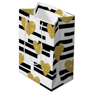 Black White Stripes Gold Hearts Pattern Medium Gift Bag