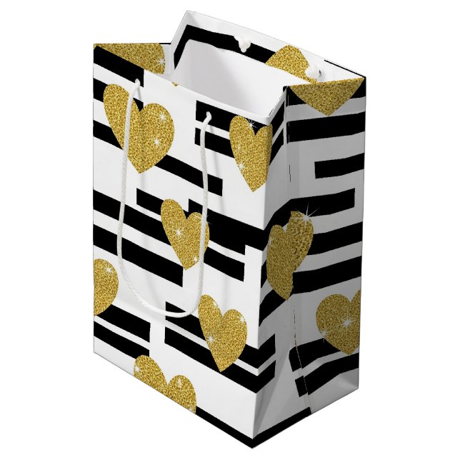Black White Stripes Gold Hearts Pattern Medium Gift Bag (Front Angled)