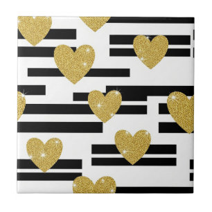 Black White Stripes Gold Hearts Pattern Tile