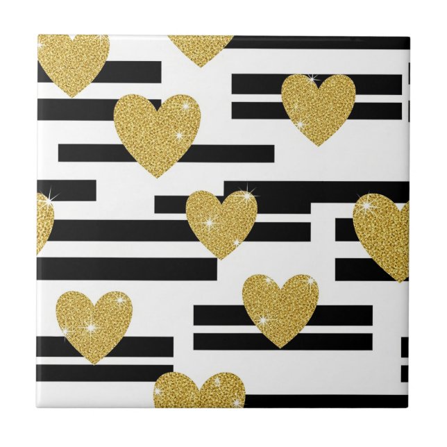 Black White Stripes Gold Hearts Pattern Tile (Front)
