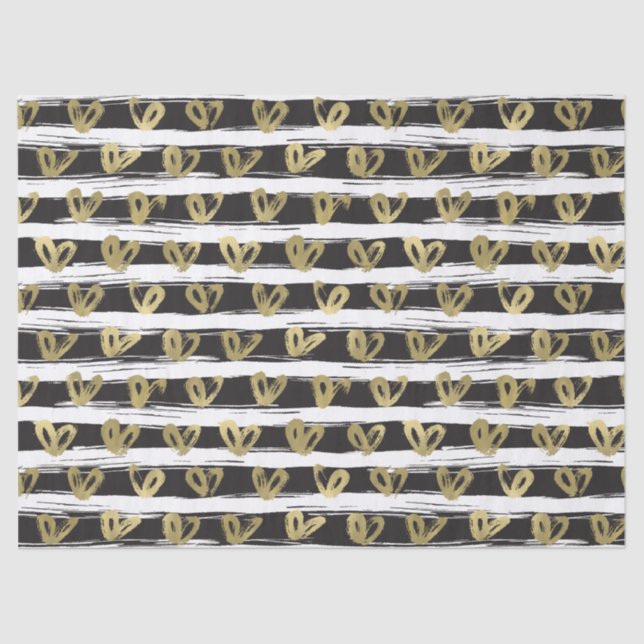 Black White Stripes Gold Hearts Tissue Paper (Front)