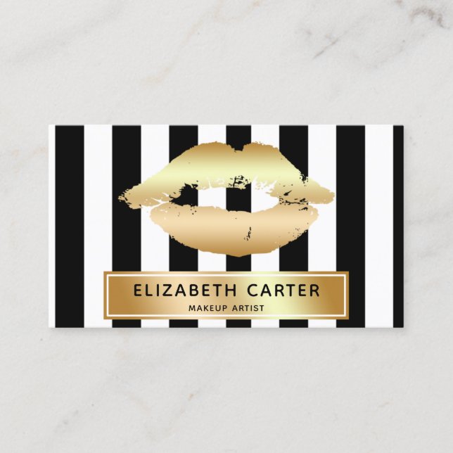 black white stripes gold lips makeup artist business card (Front)