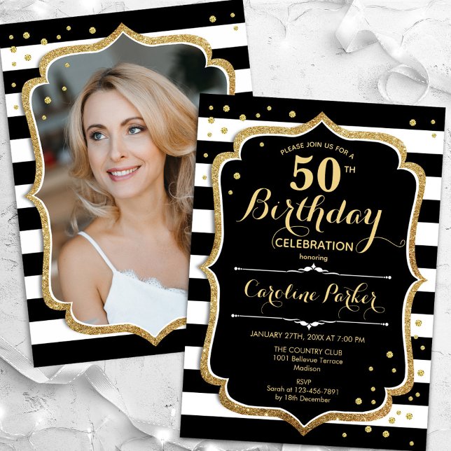 Black White Stripes Gold Photo 50th Birthday Invitation (Creator Uploaded)