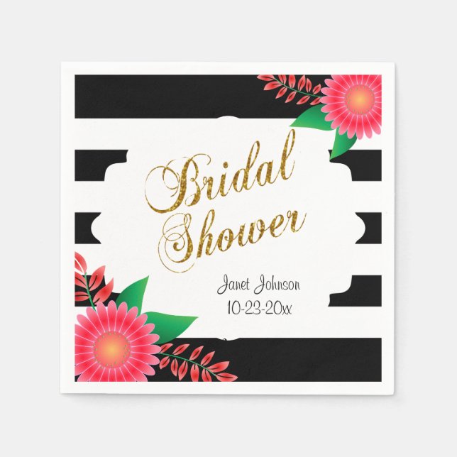 Black & White Stripes, Gold | Pink Bridal Shower Napkin (Front)