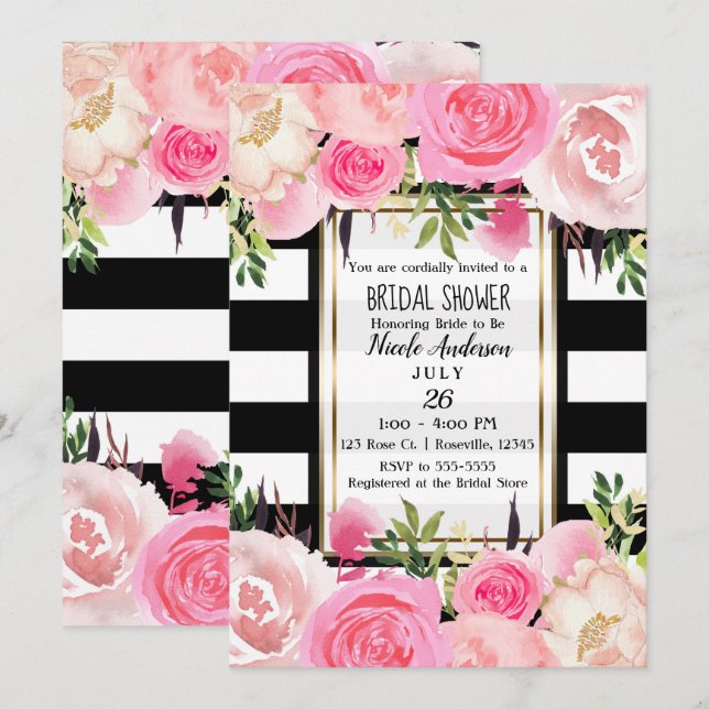 Black White Stripes Gold Pink Floral Bridal Shower Invitation (Front/Back)