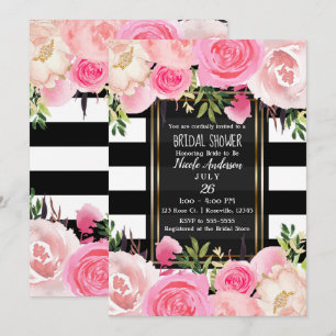 Black White Stripes Gold Pink Floral Bridal Shower Invitation