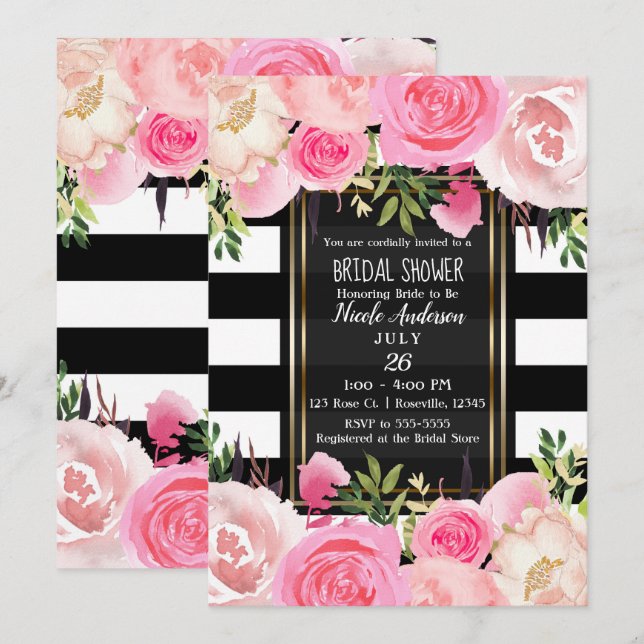 Black White Stripes Gold Pink Floral Bridal Shower Invitation (Front/Back)