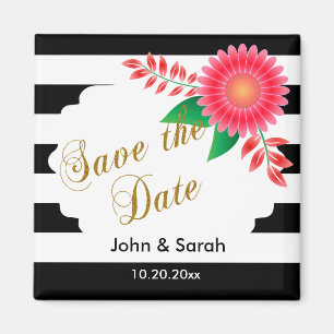 Black & White Stripes, Gold   Pink Save the Date Magnet