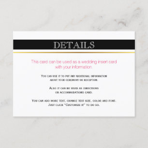 Black white stripes gold, pink wedding insert card