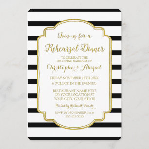 Black White Stripes Gold Rehearsal Dinner Party Invitation