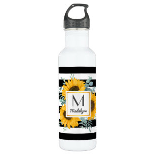 Black White Stripes Gold Sunflower Personalised 710 Ml Water Bottle