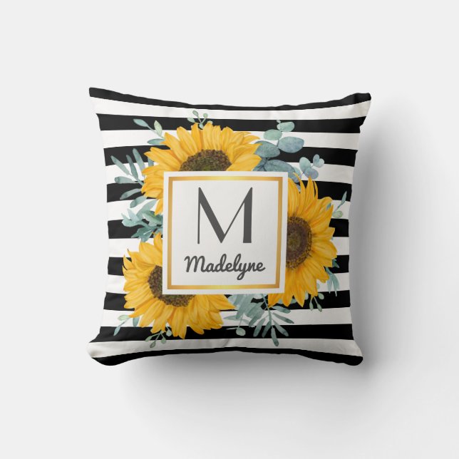 Black White Stripes Gold Sunflower Personalised Cushion (Front)
