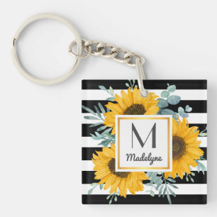 Black White Stripes Gold Sunflower Personalised Key Ring