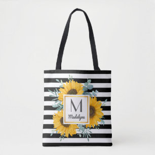 Black White Stripes Gold Sunflower Personalised Tote Bag