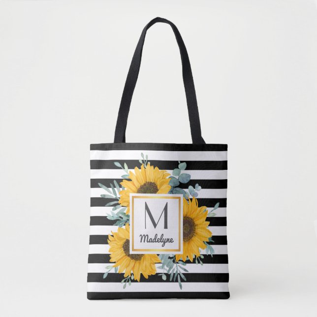Black White Stripes Gold Sunflower Personalised Tote Bag (Front)