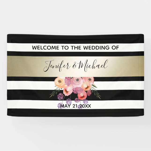 Black/white stripes gold watercolor romantic rose banner (Horizontal)