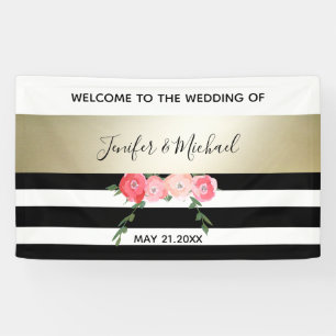 Black/white stripes gold watercolor romantic rose banner