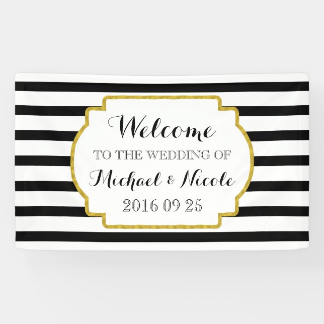 Black White Stripes Gold Wedding Welcome Sign (Horizontal)