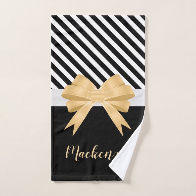 Black White Stripes Goldem Bow Bath Towel Set (Hand Towel)