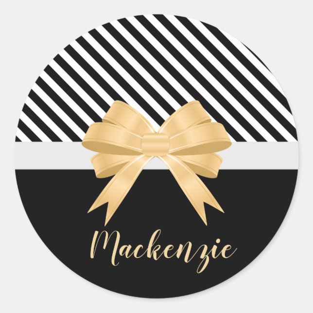 Black White Stripes Goldem Bow Classic Round Sticker (Front)