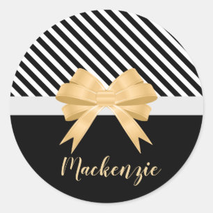 Black White Stripes Goldem Bow Classic Round Sticker