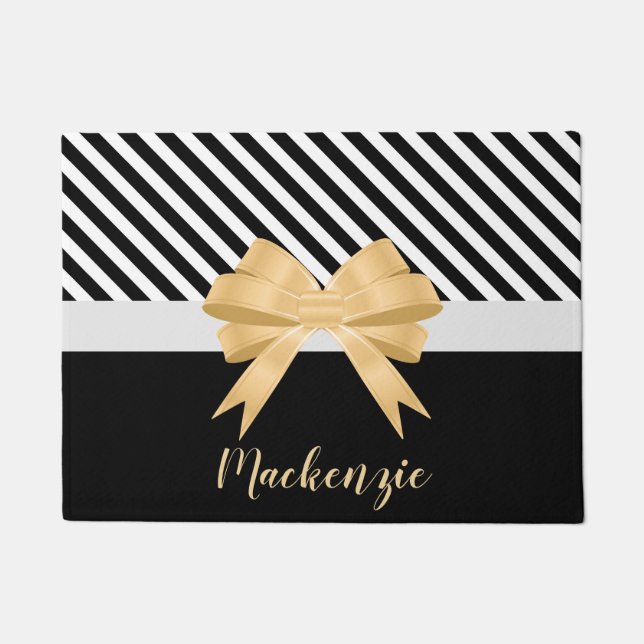 Black White Stripes Goldem Bow Doormat (Front)