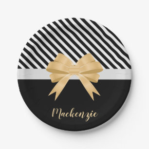 Black White Stripes Goldem Bow Paper Plate