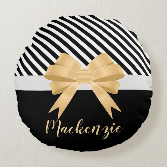 Black White Stripes Goldem Bow Round Cushion (Front)
