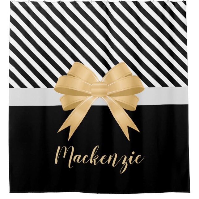 Black White Stripes Goldem Bow Shower Curtain (Front)