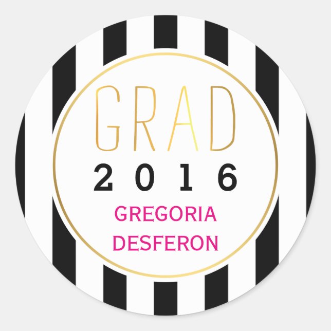 Black white stripes grad 2016 modern graduation classic round sticker (Front)