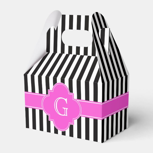Black White Stripes, Hot Pink Quatrefoil Monogram Favour Box (Front Side)