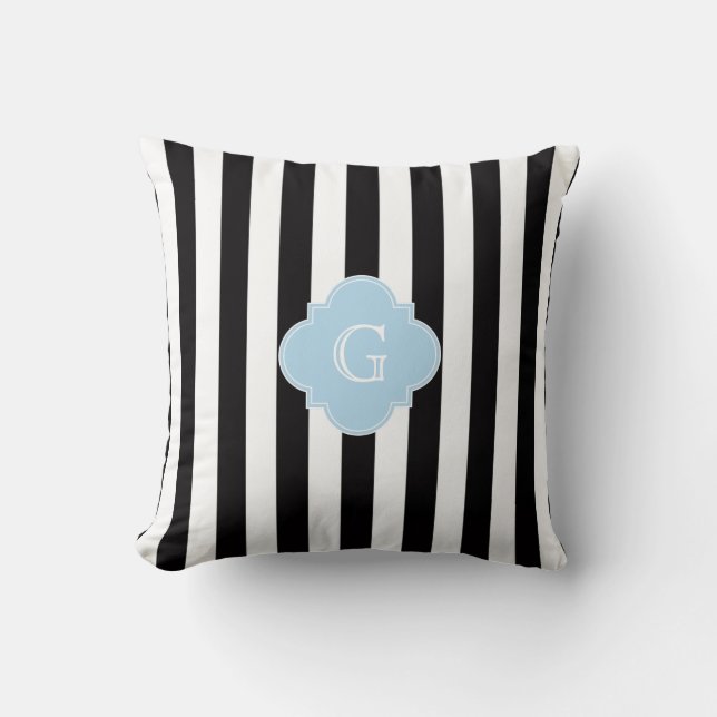 Black White Stripes Light Blue Quatrefoil Monogram Cushion (Front)