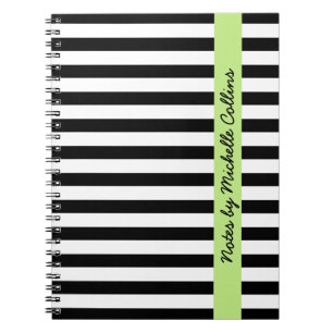 Black white stripes lime green personalised name notebook