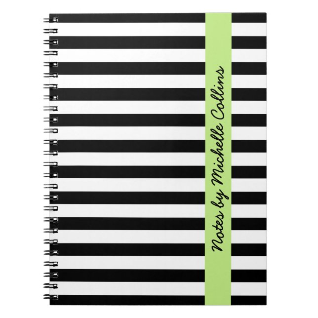 Black white stripes lime green personalised name notebook (Front)
