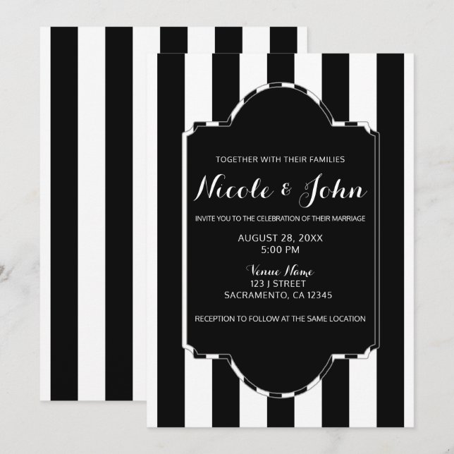 Black White Stripes Modern Chic Elegant Wedding Invitation (Front/Back)