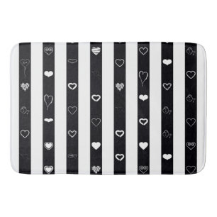 Black White Stripes Modern Heart Pattern Bath Mat