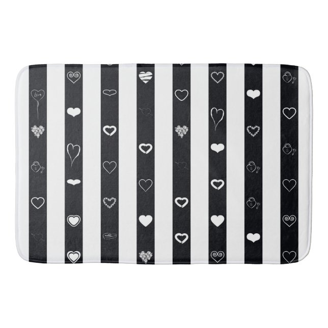 Black White Stripes Modern Heart Pattern Bath Mat (Front)