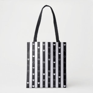 Black White Stripes Modern Heart Pattern Tote Bag