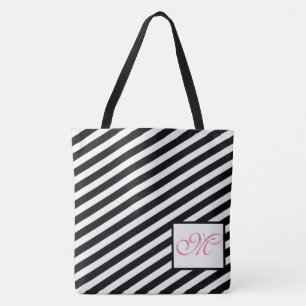 Black & White Stripes Modern Monogram Tote Bag