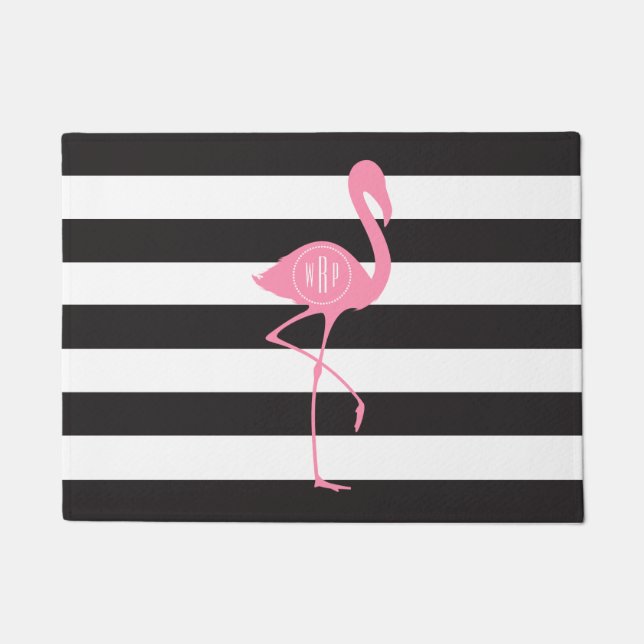 Black + White Stripes Monogram Flamingo Doormat (Front)