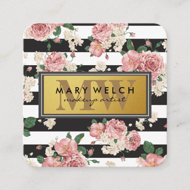 Black White Stripes Monogram Floral Pattern Appointment Card (Front)