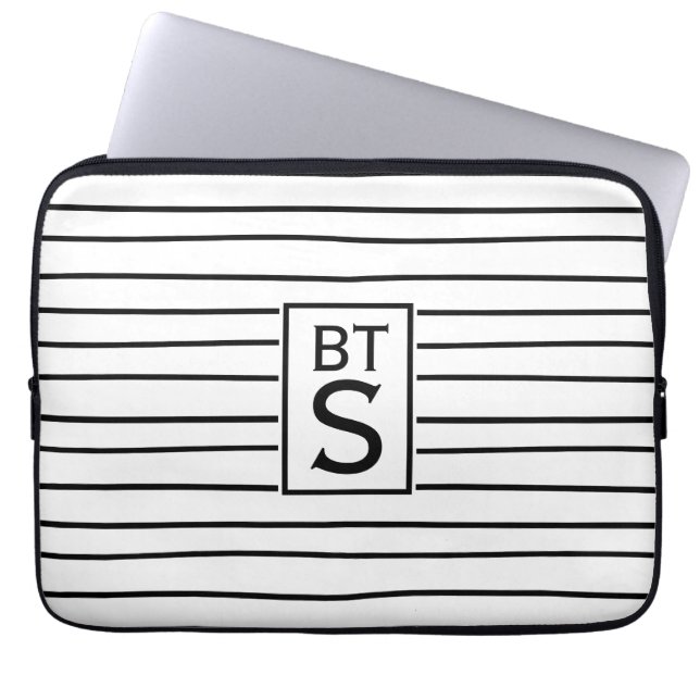 Black & White Stripes Monogram Laptop Sleeve (Front)