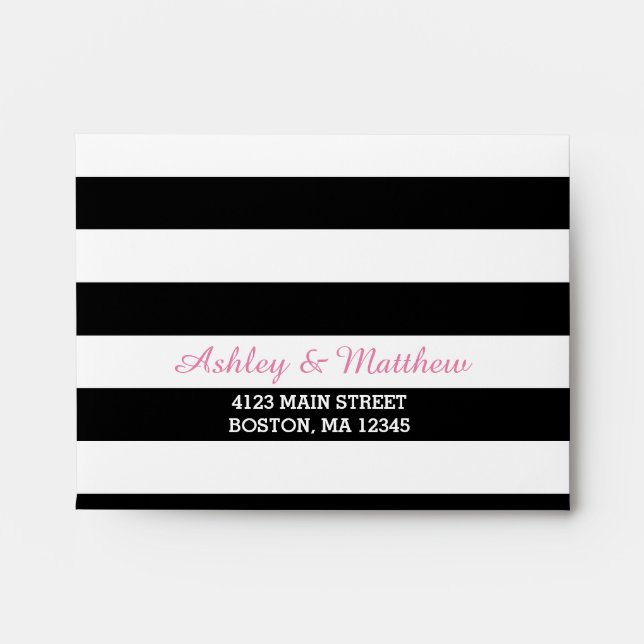 Black & White Stripes Monogram | Pink Lining RSVP Envelope (Front)