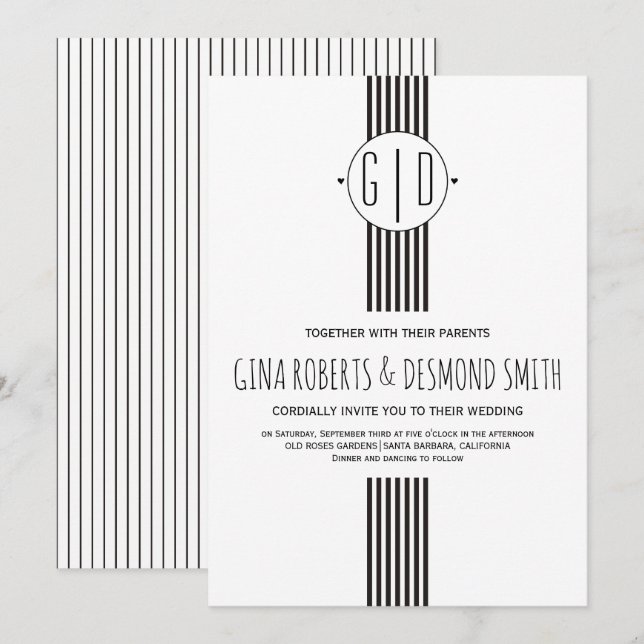 Black white stripes, monogram wedding invitation (Front/Back)