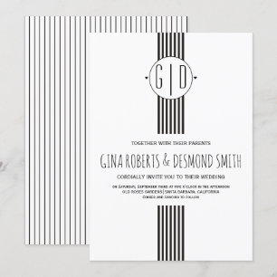 Black white stripes, monogram wedding invitation