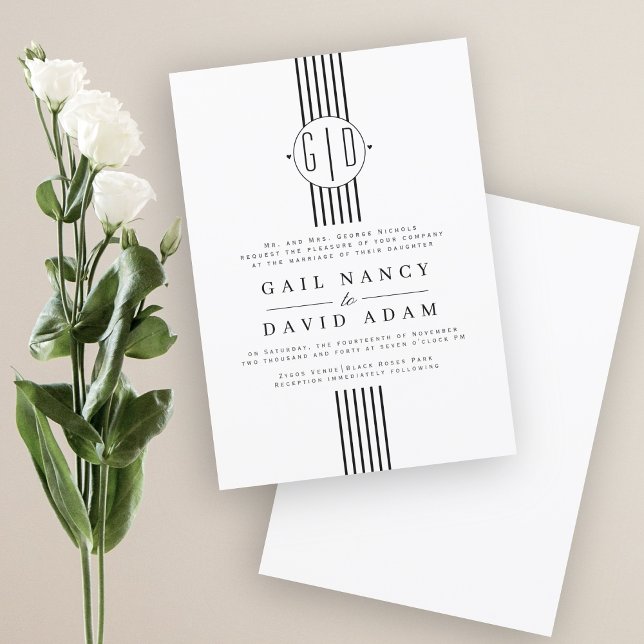 Black white stripes, monogram wedding invitation (Creator Uploaded)