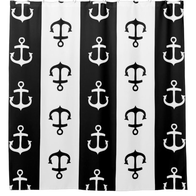 Black White Stripes Nautical Anchor Shower Curtain (Front)