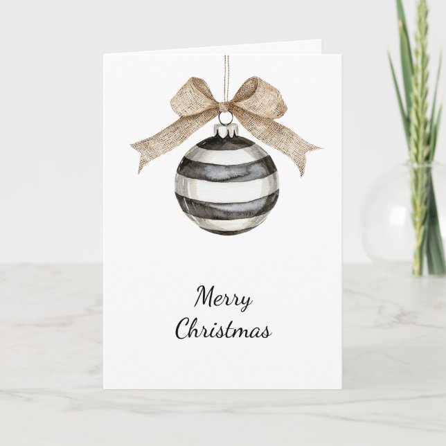 Black White Stripes Ornament Bow Christmas  Card (Front)