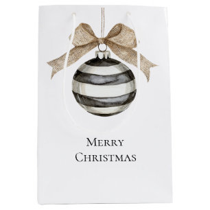 Black White Stripes Ornament Bow Christmas Medium Gift Bag