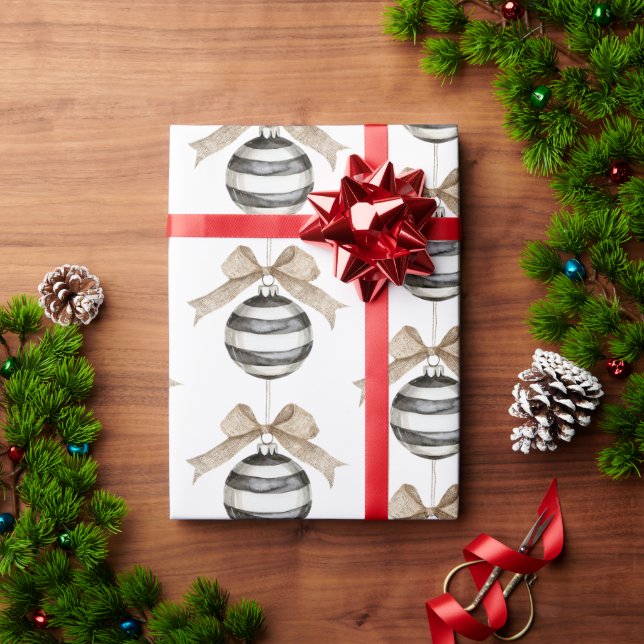Black White Stripes Ornament Bow Christmas Wrapping Paper (Holiday Gift)
